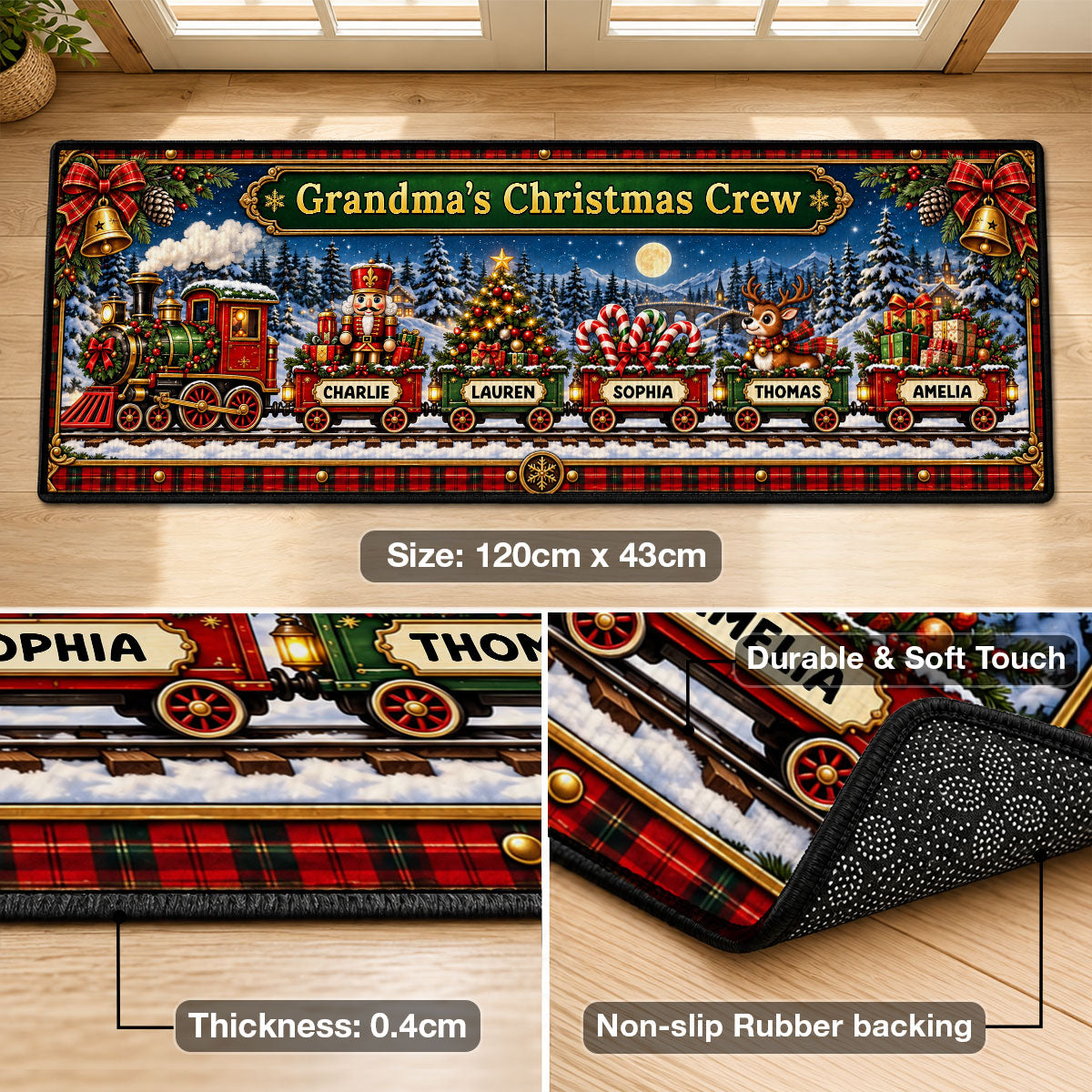 Grandma's Christmas Crew Train - Personalized Runner Rug - Festive Christmas Decor Gift for Grandma