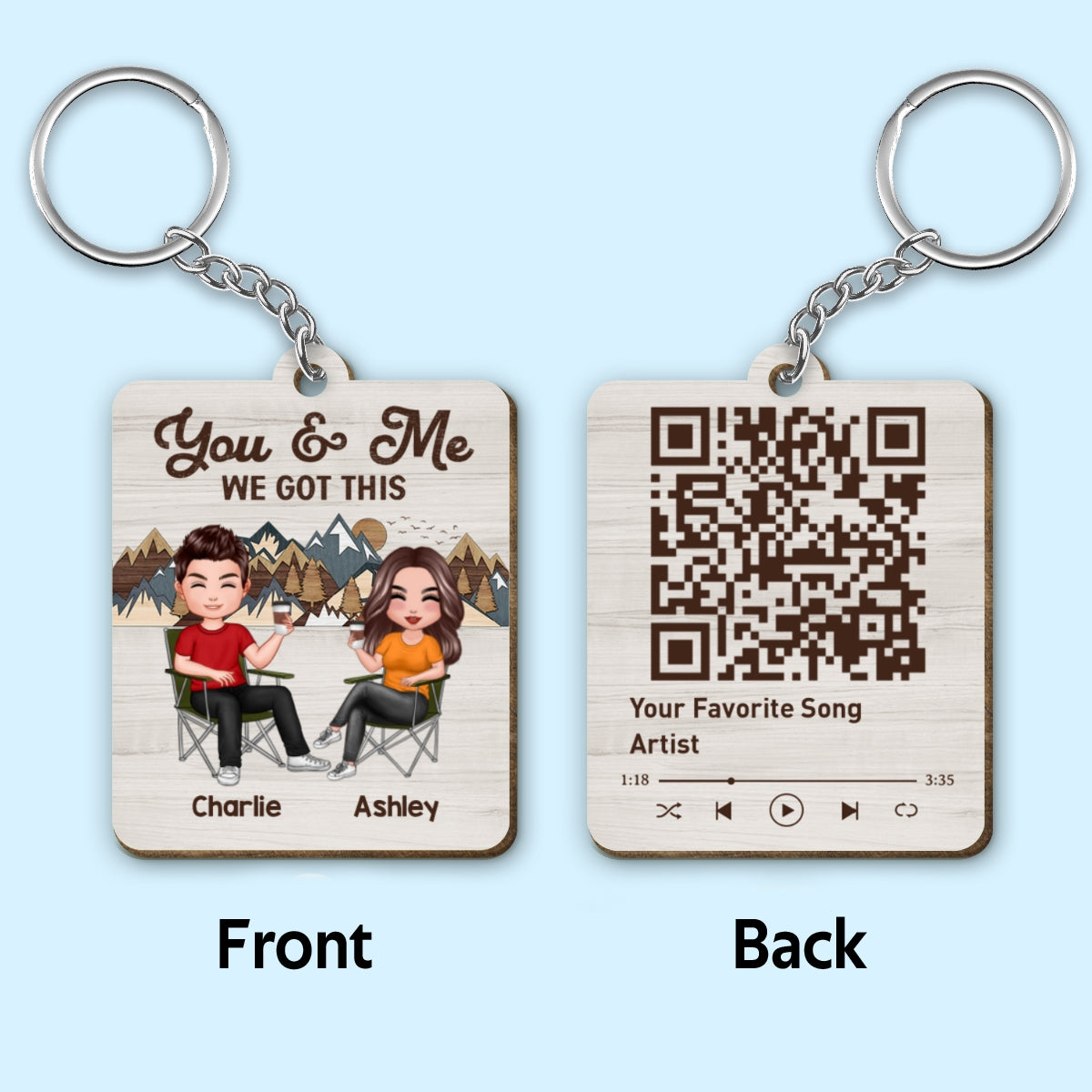 Doll Couple Sitting On Chair Favorite Song QR Code Mountain Layer Effect Personalized Wooden Keychain