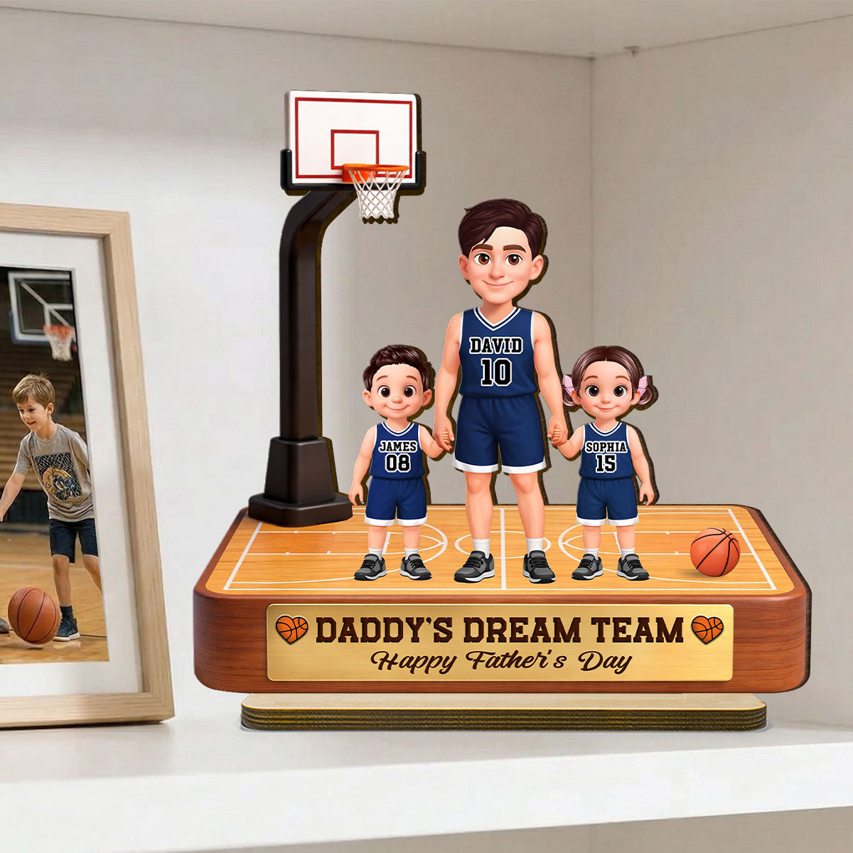 Basketball Daddy's Dream Team - Personalized 2-Layered Wooden Plaque - Father's Day Gift For Dad, Husband