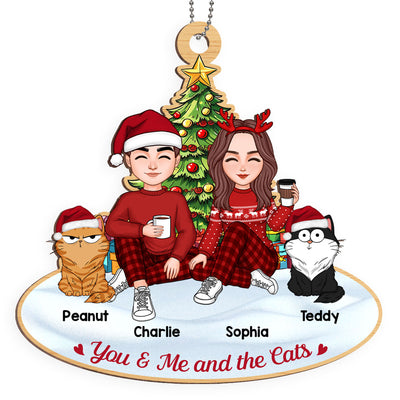 Couple And The Cats Under Christmas Tree Personalized Wooden Ornament