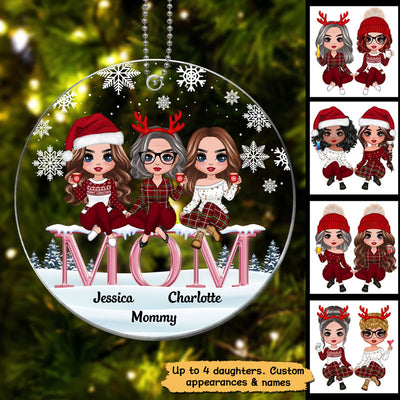Doll Mom And Daughters Sitting On Word Personalized Acrylic Ornament