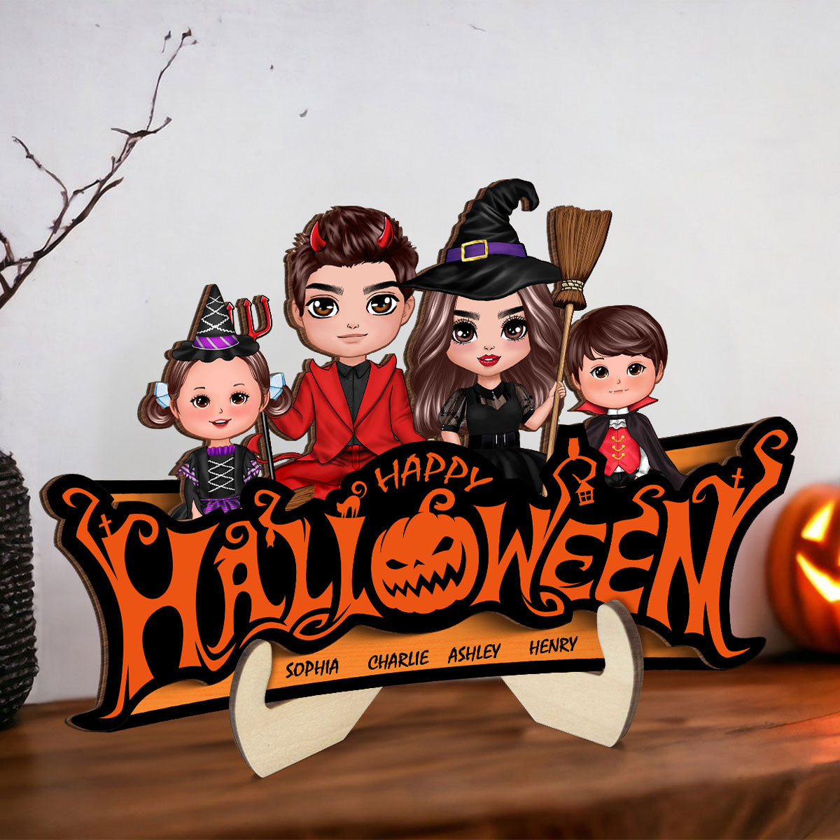 Happy Halloween Jack O Lantern Spooky, Family Sitting - Personalized 2-Layered Wooden Plaque