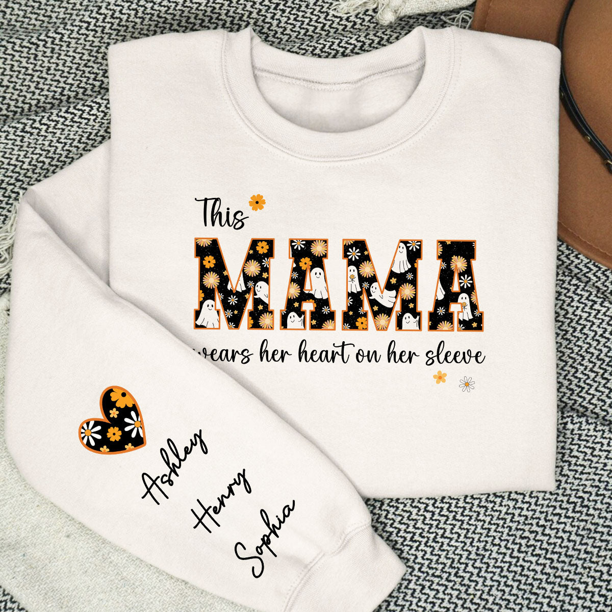 Halloween This Mama Wears Her Heart on Her Sleeve Personalized Sleeve Printed Sweatshirt