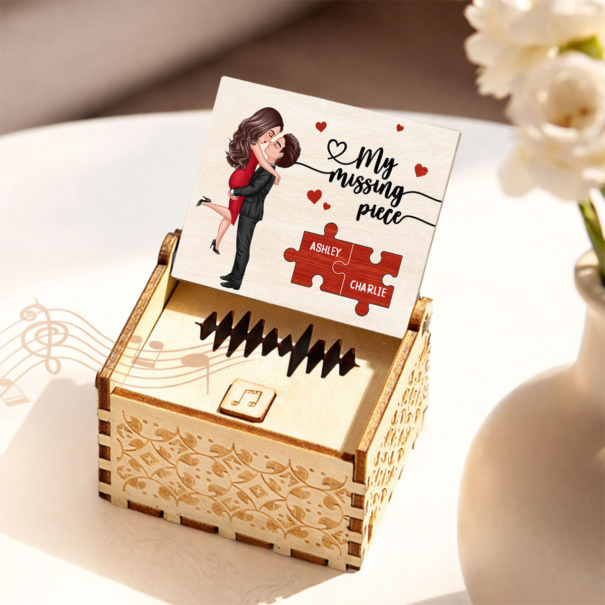 My Missing Piece Couple Hugging Kissing - Personalized Wooden Music Box - Valentine's Day Gift For Him, Gift For Her