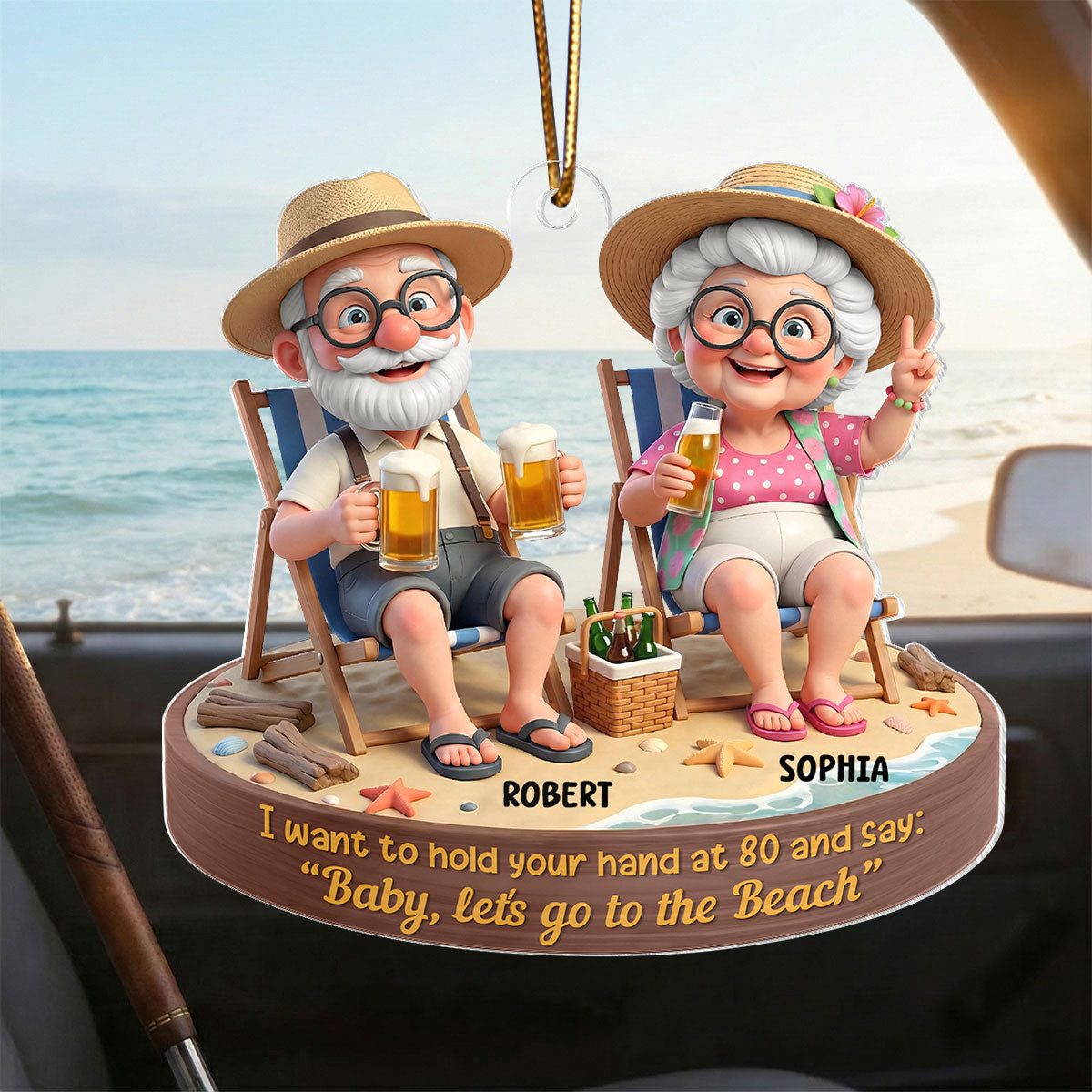 3D Effect Old Couple Baby Let's Go to the Beach  - Personalized Acrylic Car Hanger - Sentimental Gift for him, for her