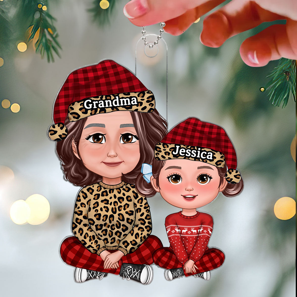 Leopard Checkered Grandma Grandkid Crossed Legs Christmas Gift For Granddaughter Grandson Personalized Acrylic Ornament