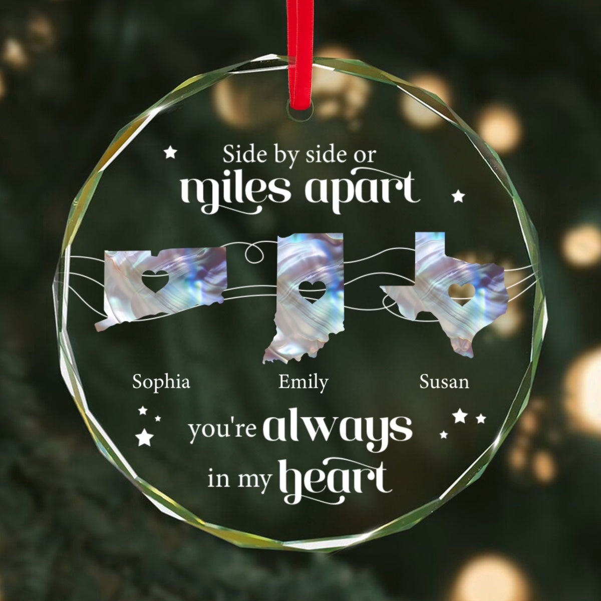 The Miles Don't Matter Long Distance Pearl Theme State Map - Personalized Glass Ornament - Relationship Gift For Besties, Family Members, Siblings
