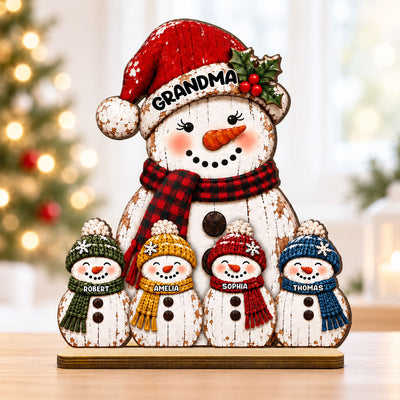 Rustic Grandma Grandkids Snowman - Personalized 2-Layered Wooden Plaque - Christmas Decor For Grandma, Mom