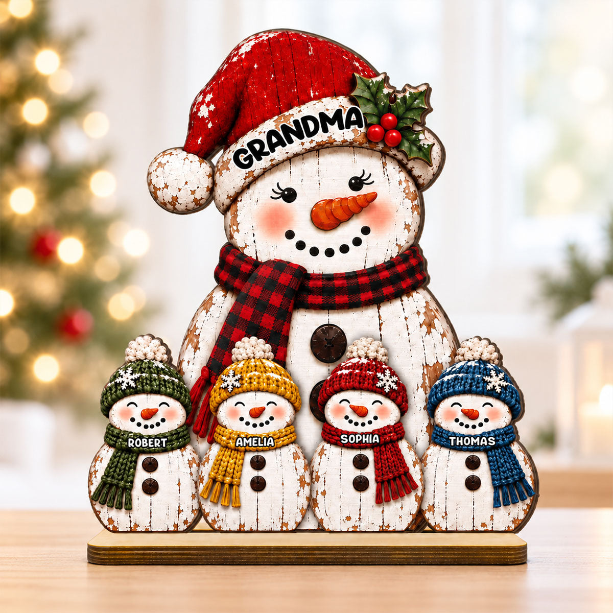 Rustic Grandma Grandkids Snowman - Personalized 2-Layered Wooden Plaque - Christmas Decor For Grandma, Mom