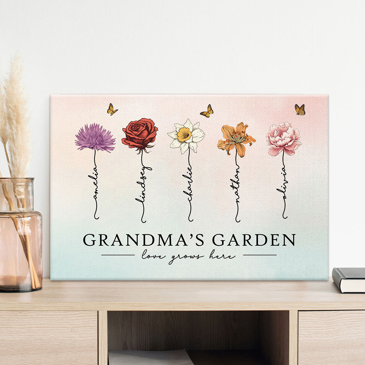 Grandma‘s Garden Love Grows Here Beautiful Birth Month Flower Gift For Grandma Mom - Personalized Canvas Prints - Gift For Grandma Mom