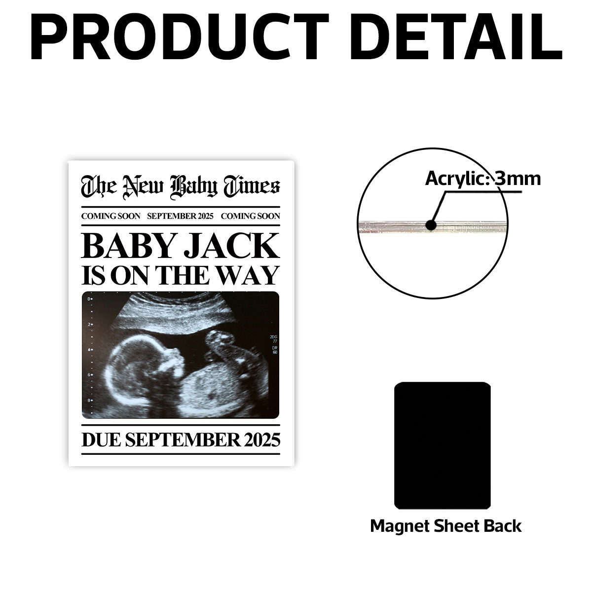 Newspaper Baby Coming Soon Personalized Acrylic Fridge Magnet, Unique Pregnancy Announcement
