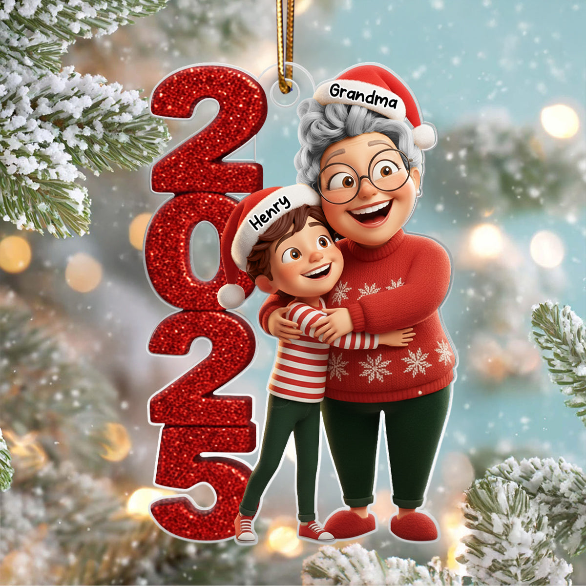3D Glitter Effect Happy Grandma Hugging Grandkid 2025 - Personalized Acrylic Ornament - Christmas Gift for Grandma, Grandkid