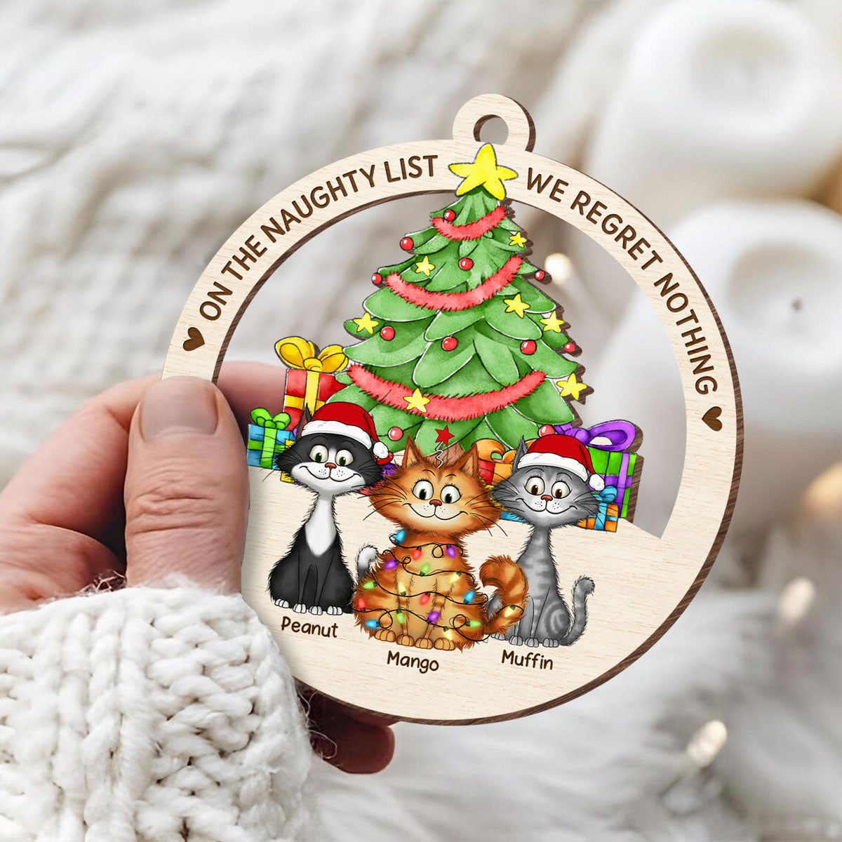 Christmas Tree Quirky Cat On The Naughty List We Regret Nothing Wooden Ornament, Personalized Christmas Cat Ornament