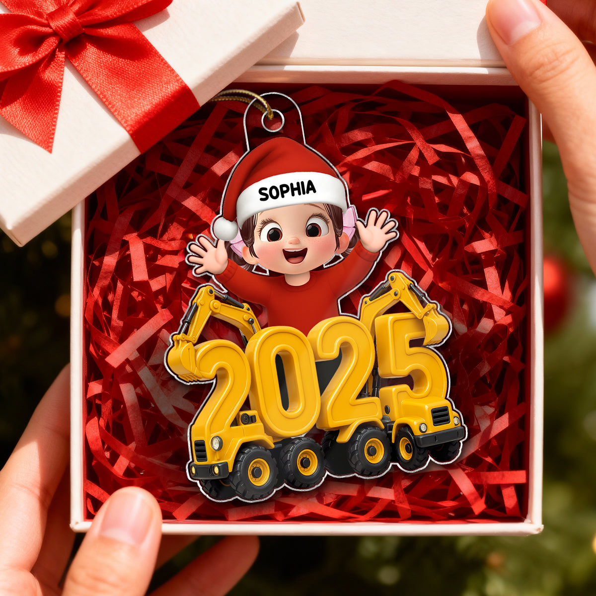 3D Effect Happy Kid With Excavator Numbers - Personalized Acrylic Ornament - Christmas Gift For Kids, Grandkids, Granddaughter, Grandson