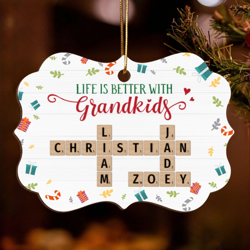 Life Is Better With Grandkids Crossword Puzzle Personalized Wooden Ornament, Christmas Gift for Grandma, Grandkids
