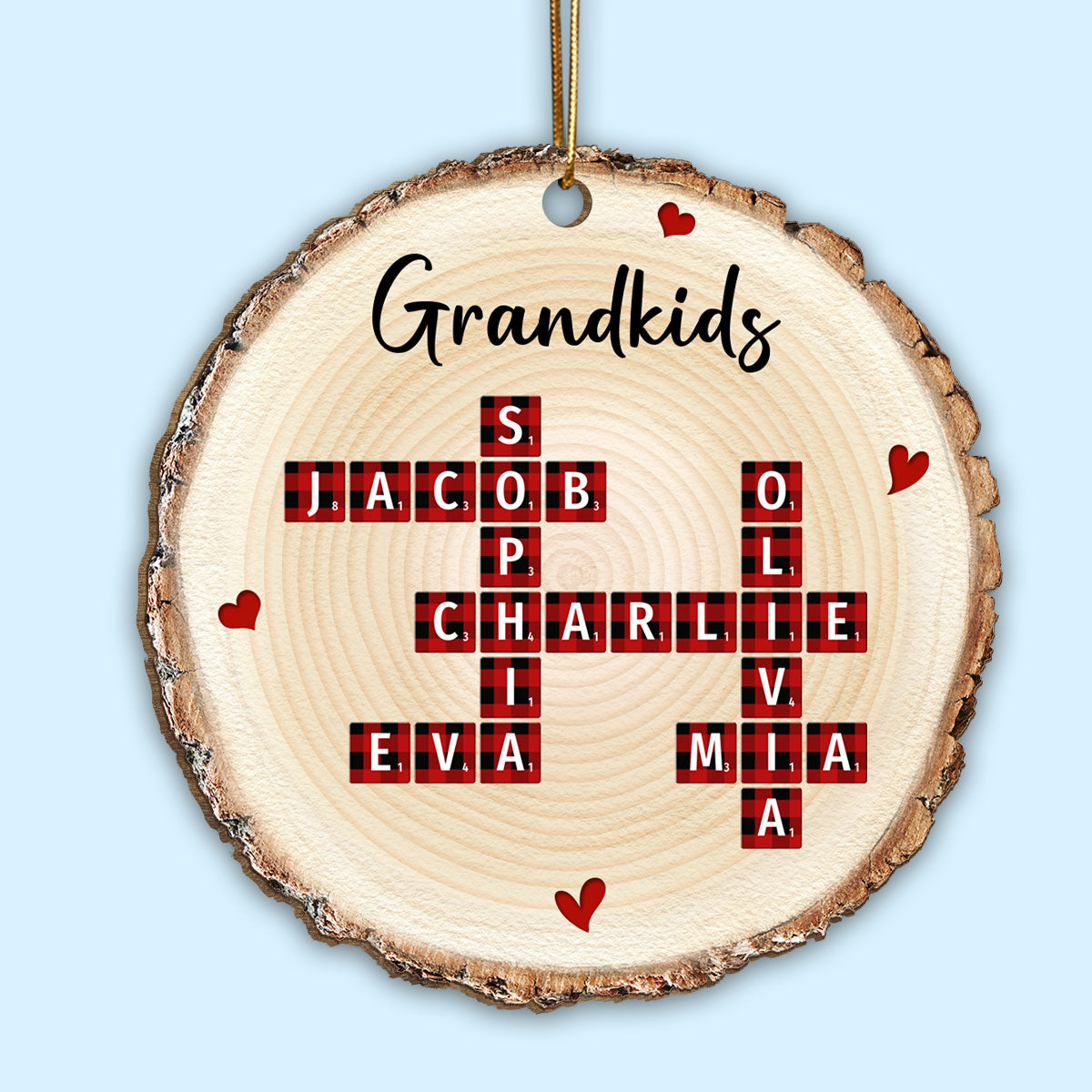 Family Unique Crossword Art Puzzle Checkered Pattern Personalized Wooden Ornament