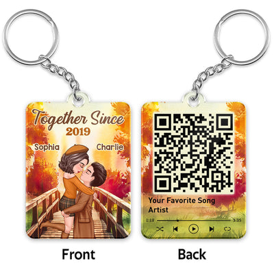 Fall Season Couple Kissing On Bridge Favorite Song QR Code Personalized Acrylic Keychain