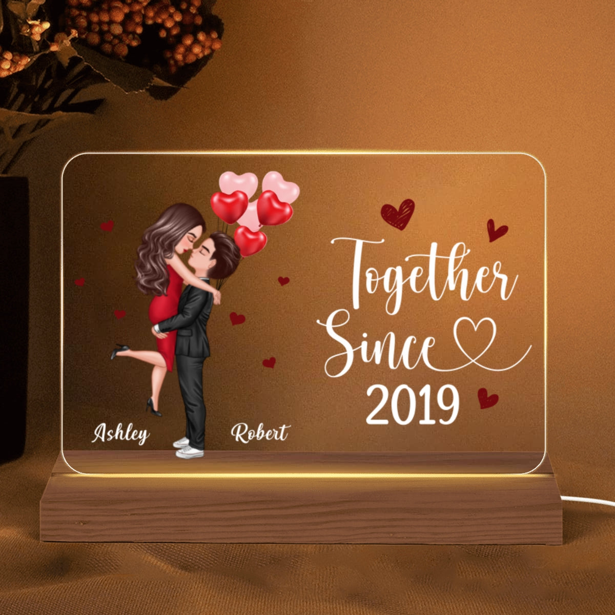 Doll Couple Hugging Kissing Gift For Him Gift For Her Personalized Custom Shape Horizontal Rectangle Acrylic Plaque LED Night Light