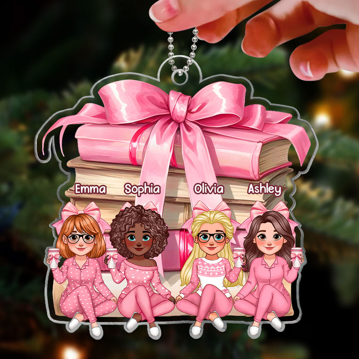 Coquette Stack of Book Besties Sitting Personalized Acrylic Ornament, Gift for Book Lovers