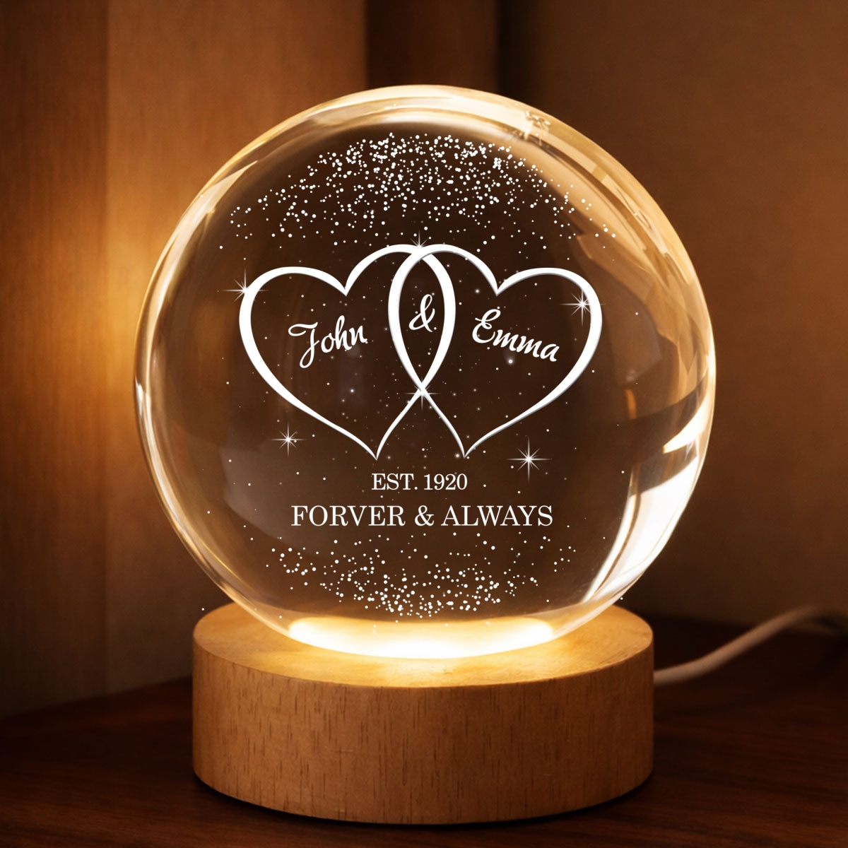 Couple Hearts Interlocked - Personalized Crystal Ball LED Night Light - Heartfelt Valentine's Day Gift for Her, for Him