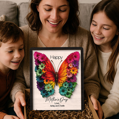Mother's Day Butterfly Flowery Wings 2D Flat, Personalized 2-Layered Wooden Plaque, Gift for Mom, 3D Effect