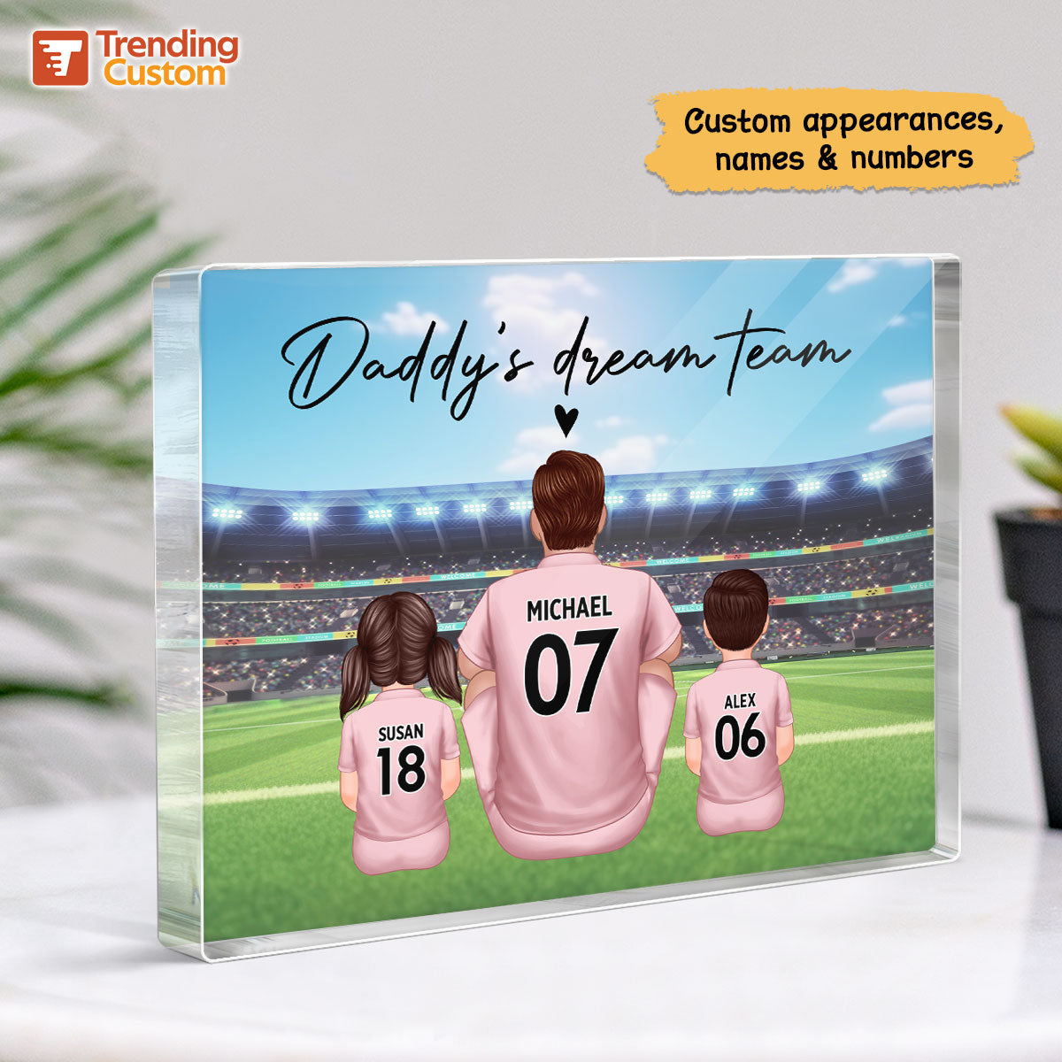 Daddy's Team Soccer Family Sitting Back View Personalized Acrylic Block, Father's Day Gift