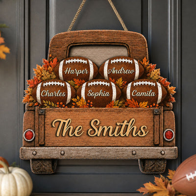 Football Family Truck With Custom Names 2D Flat - Personalized Wood Sign - Fall Season Decor For Football Lovers