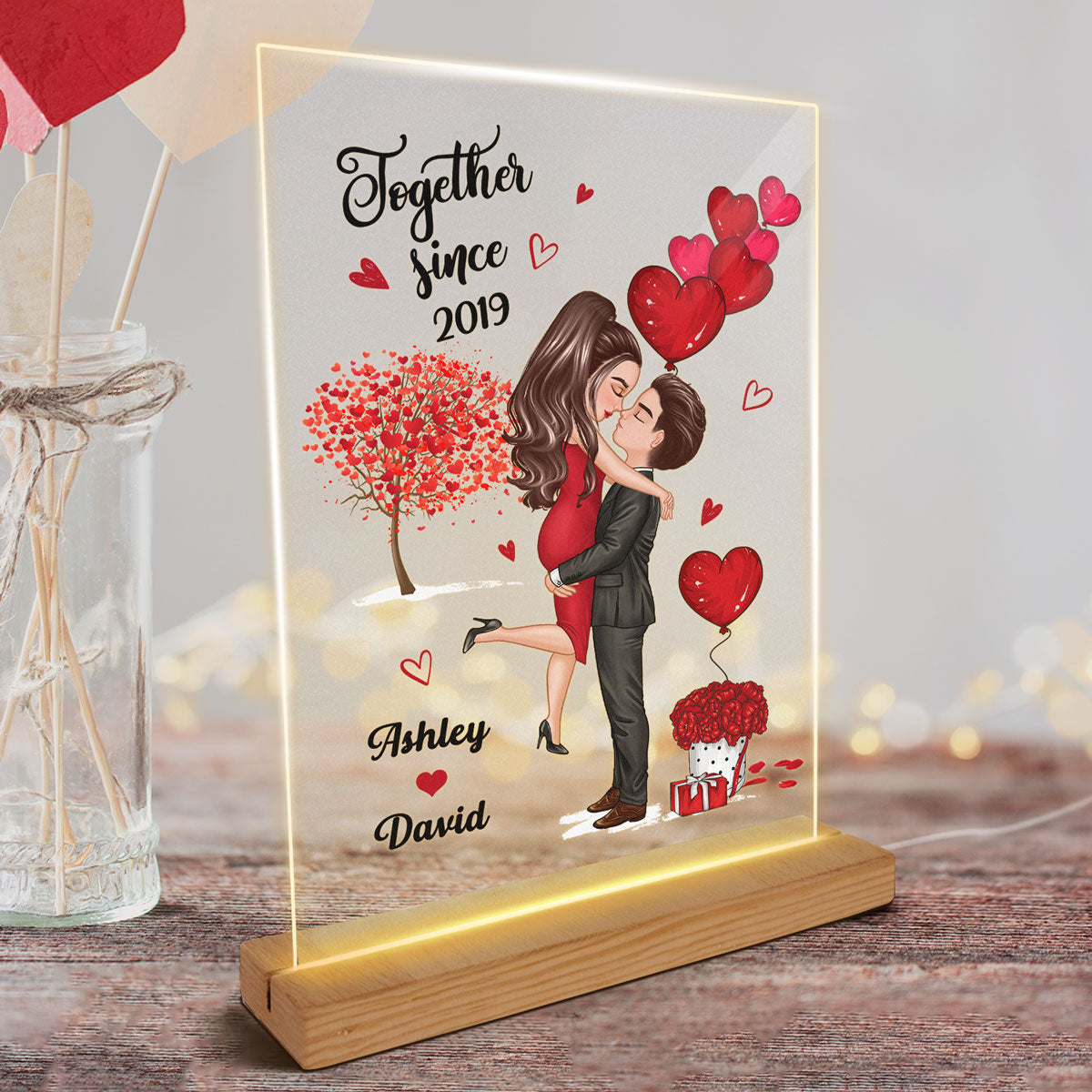 Doll Couple Kissing Hugging Red Tree Personalized Plaque LED Night Light - Gift For Him Gift For Her