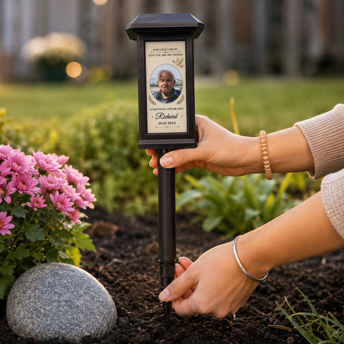 Forever in Our Hearts - Personalized Solar Garden Light - Custom Photo Gravesite Light, Outdoor Remembrance Garden Stake, Loss of Loved One Sympathy Gift