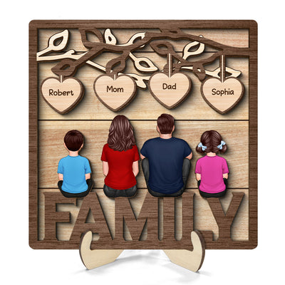 Family Dad Mom Kids Dogs Cats Sitting On Word Under Tree Personalized 2-Layer Wooden Plaque