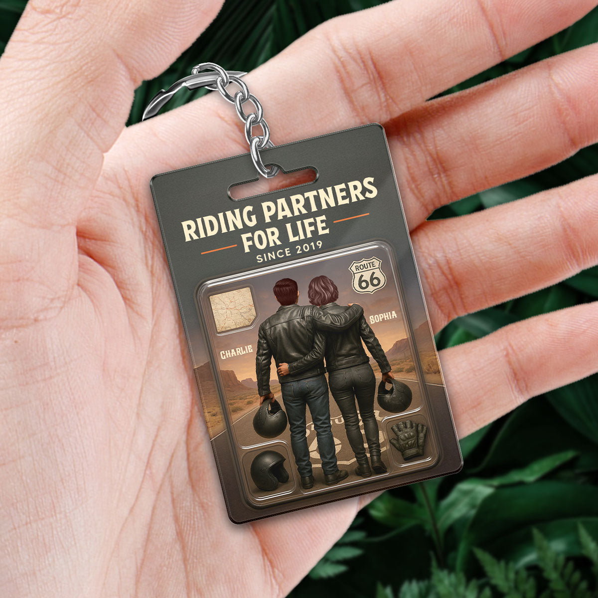 3D Effect Custom Figure Couple Bikers Riding Partners For Life Personalized Acrylic Keychain, Gift For Bikers