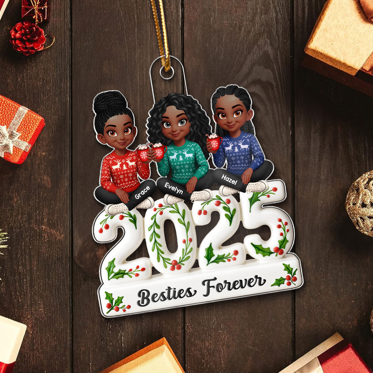 3D Effect Holly Leaf Besties Forever - Personalized Acrylic Ornament - Gift For Besties