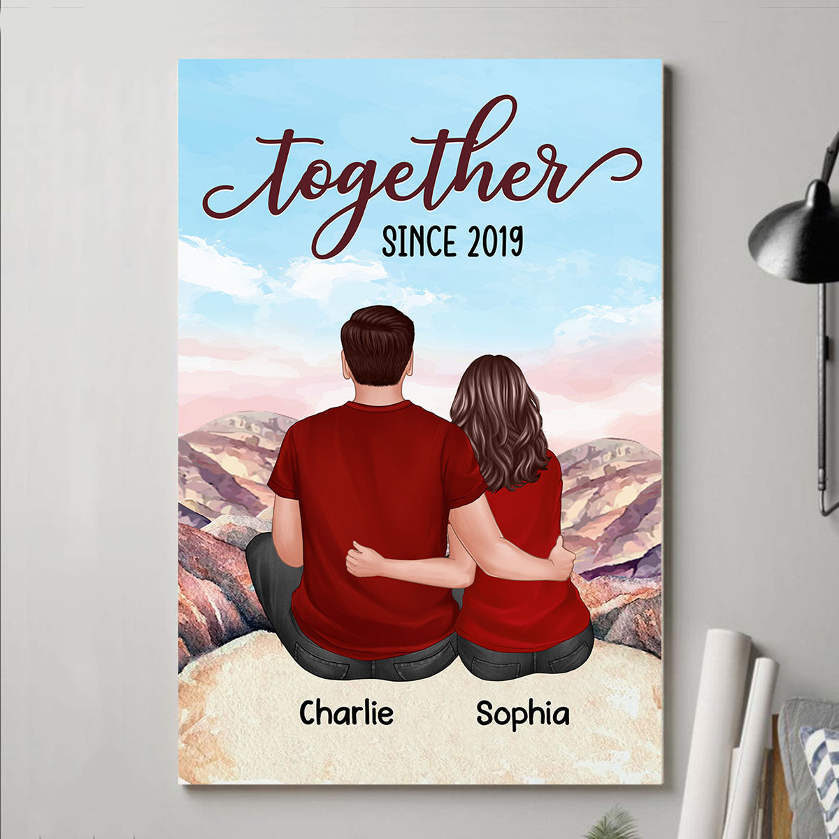 Couple Back View Sitting On The Cliff Personalized Vertical Poster