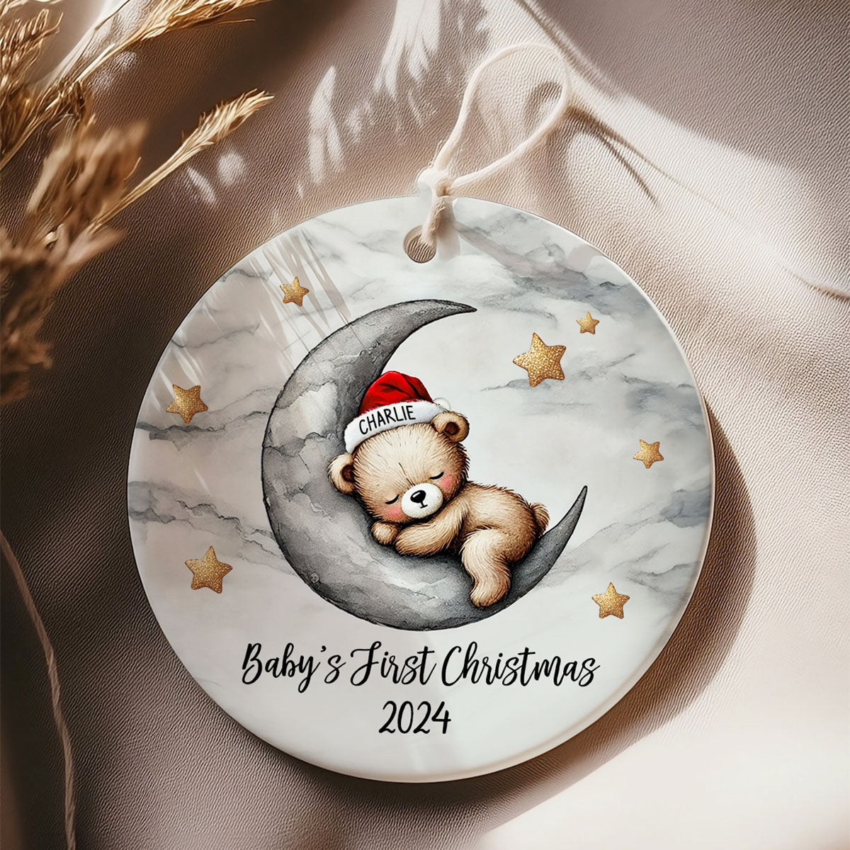 Baby Bear On The Moon, Baby's First Christmas Personalized Ceramic Ornament, Christmas Keepsake for Baby Boy, Baby Girl