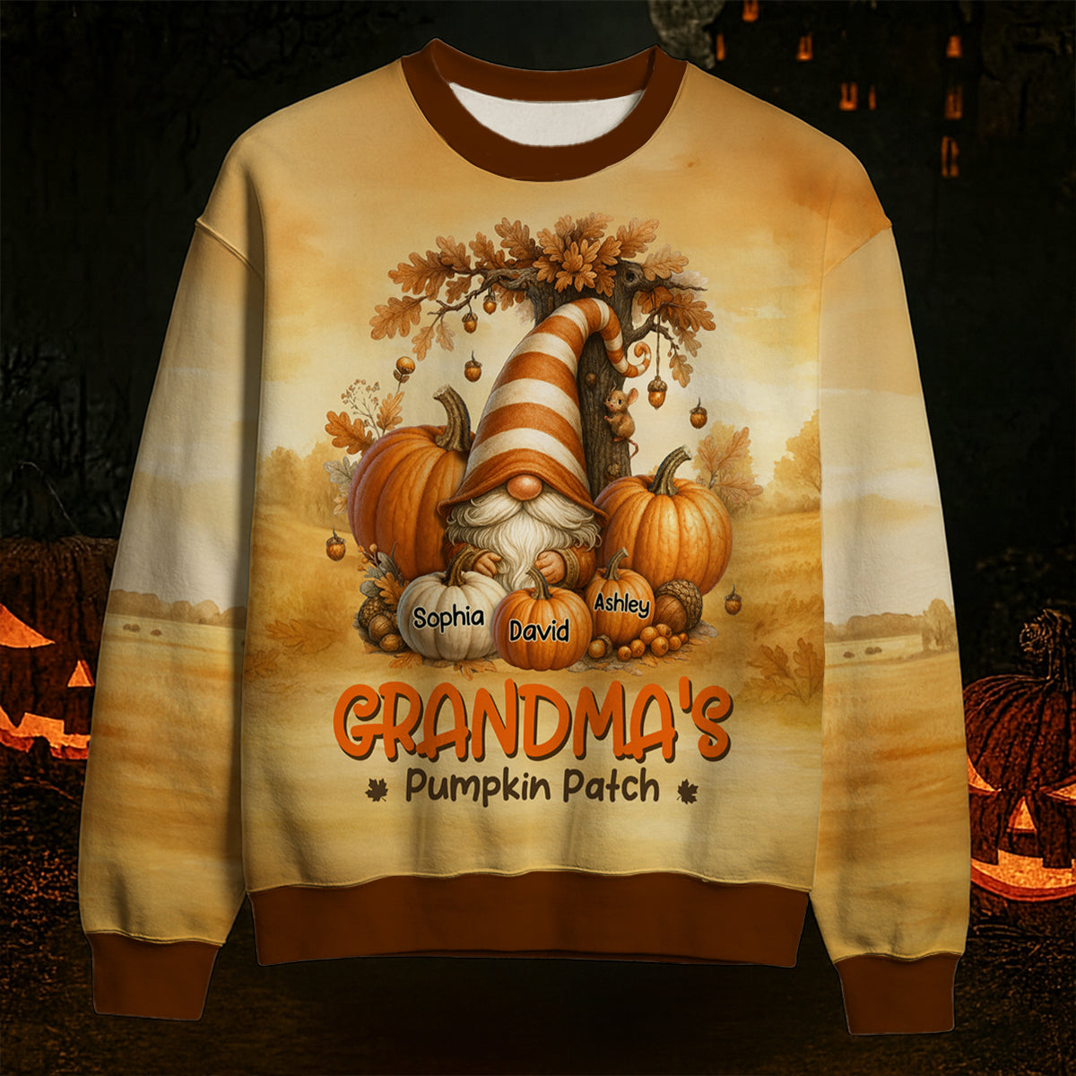 Gnome Grandma's Pumpkin 3D Personalized Fall Sweatshirt, Cozy Fall Sweatshirt for Grandma