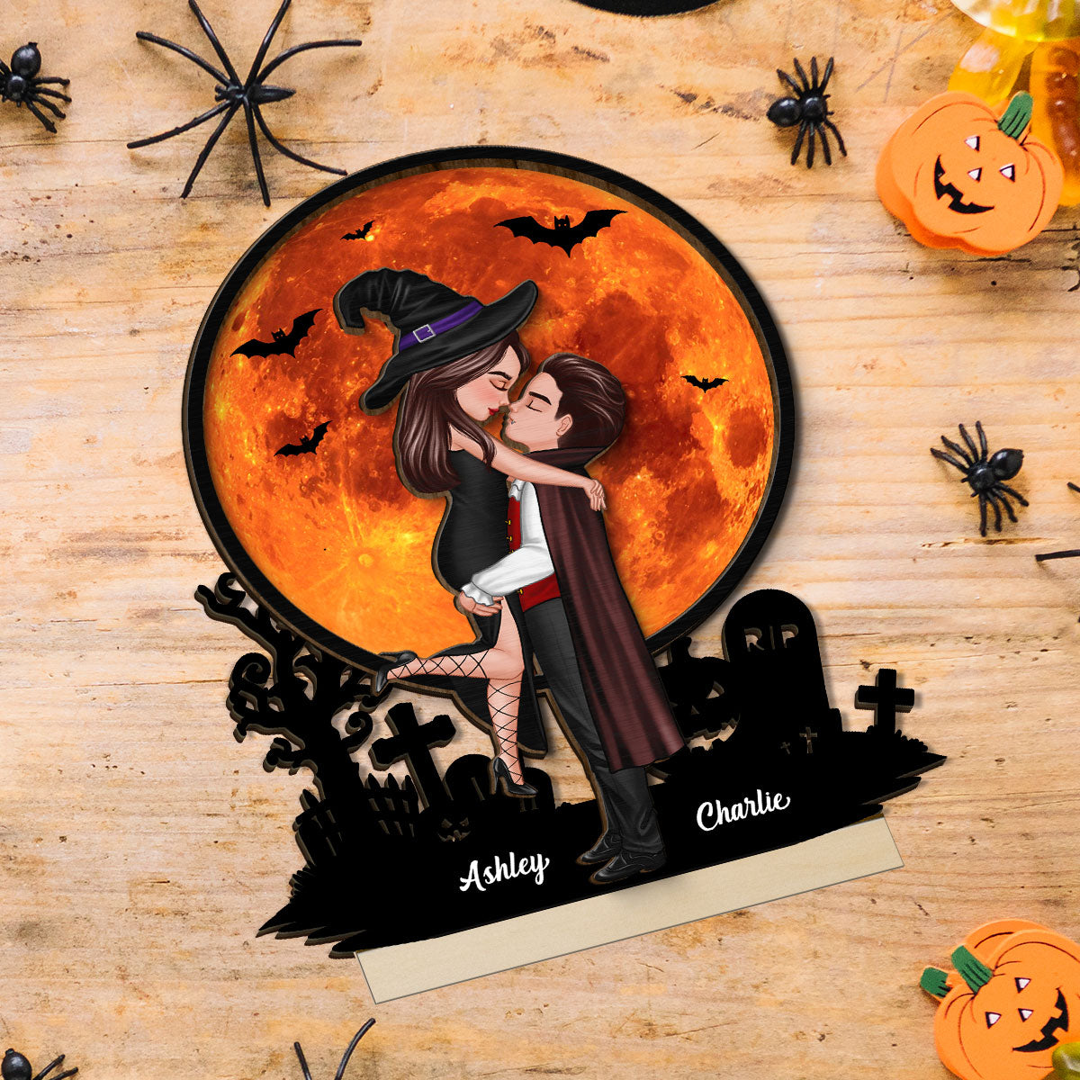 Couple Hugging Under Halloween Moon Tabletop Tier Tray Decor Personalized 2-Layer Standing Wooden Plaque