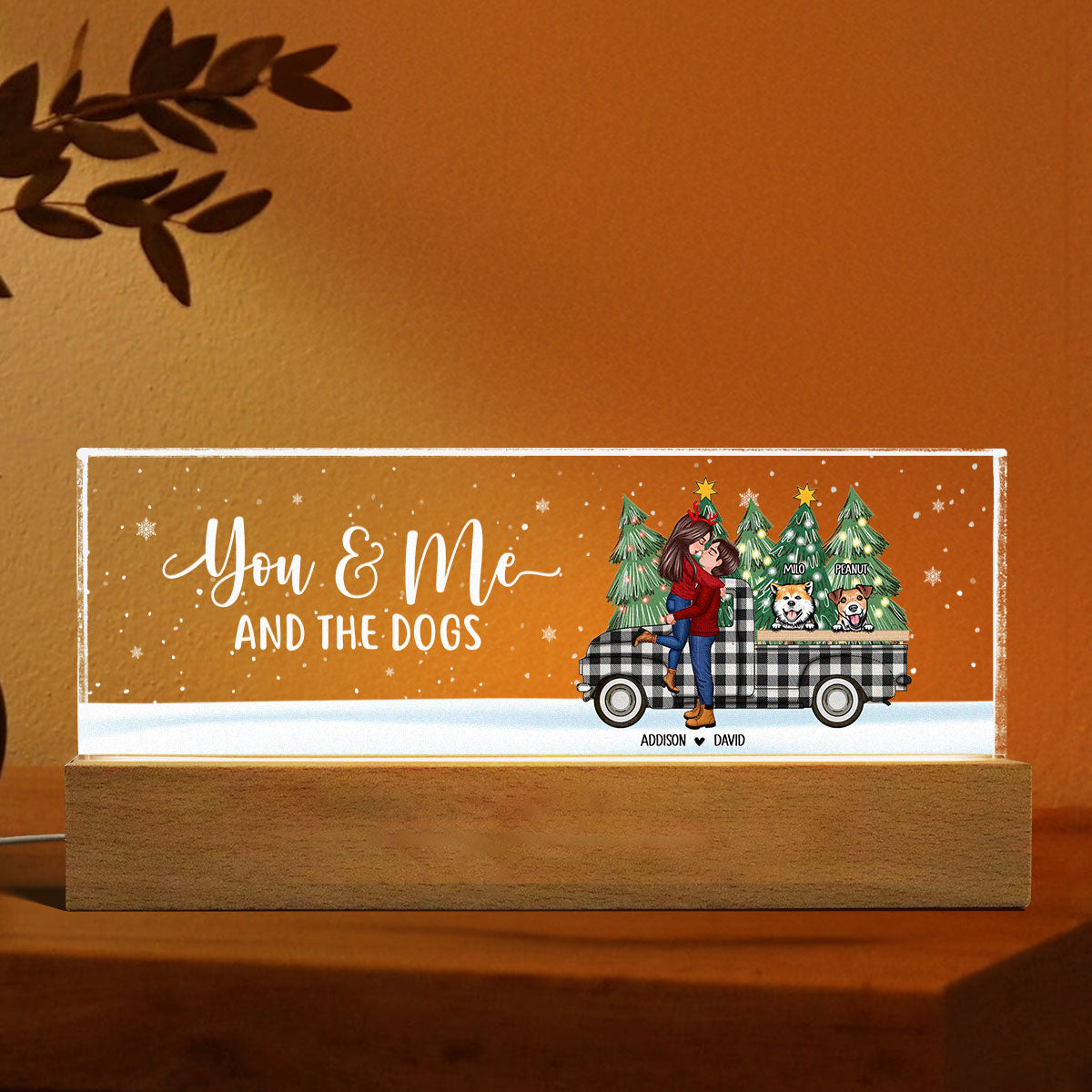 You Me And The Dogs Christmas Truck Personalized Acrylic Block LED Night Light, Christmas Gift for Couples