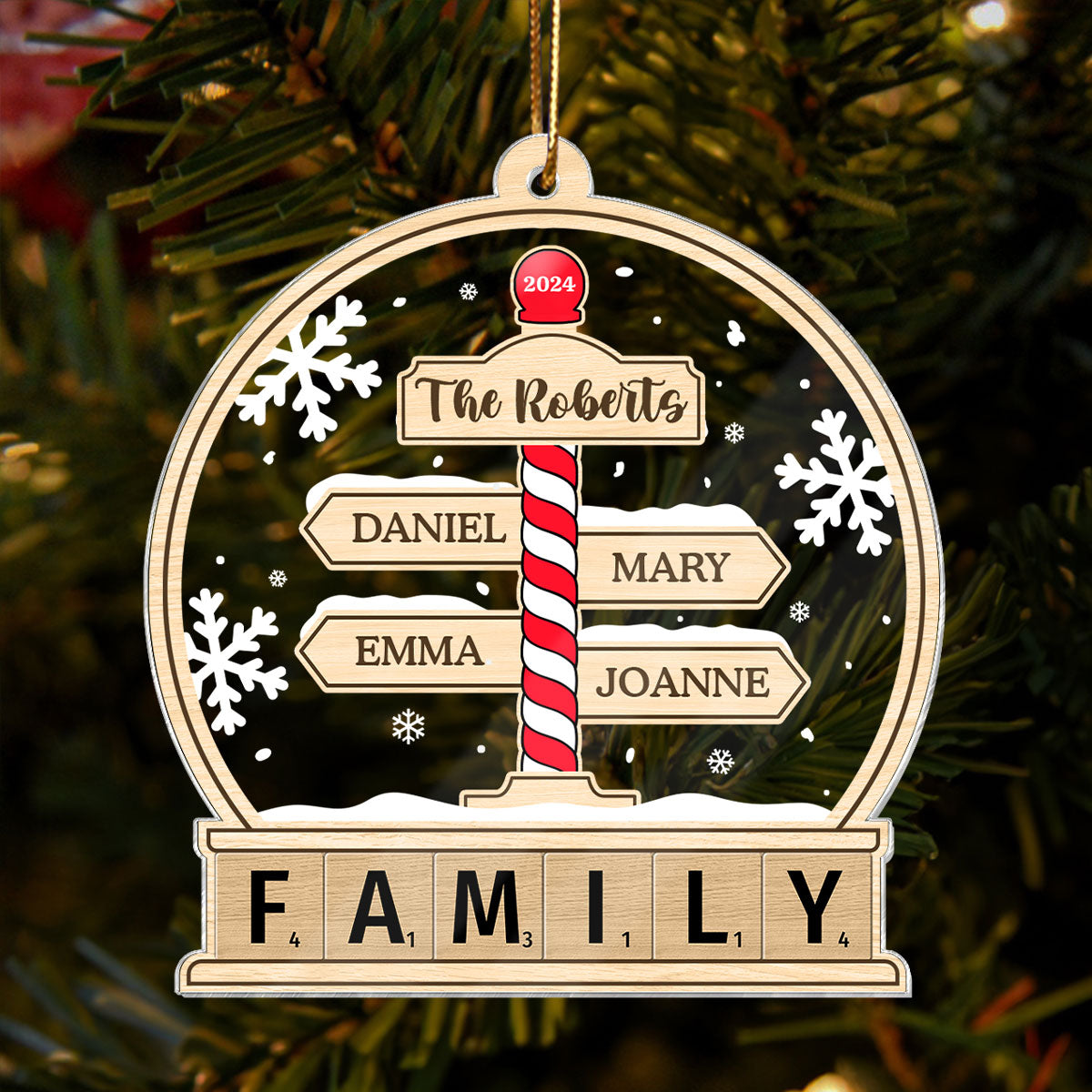 Family North Pole Sign In Snow Globe Personalized Acrylic Ornament, Christmas Gift