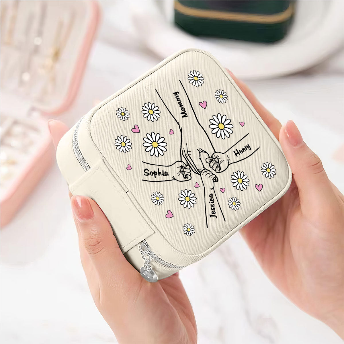 Grandma Mom Flower Kids Holding Hand Outline Personalized Jewelry Box