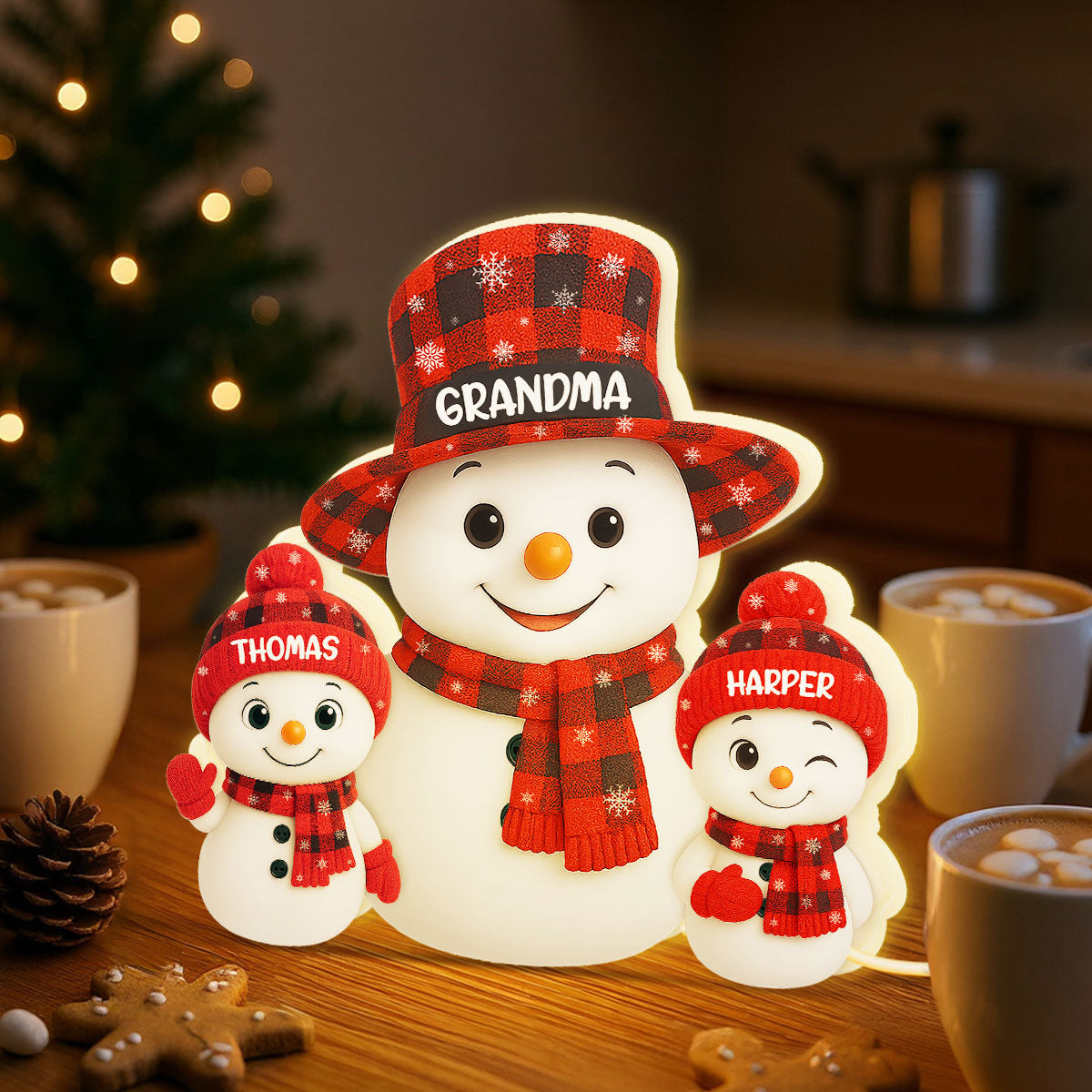 Christmas Checkered Pattern Grandma Grandkids Snowman Together - Personalized Light Box - Gift For Grandmas
