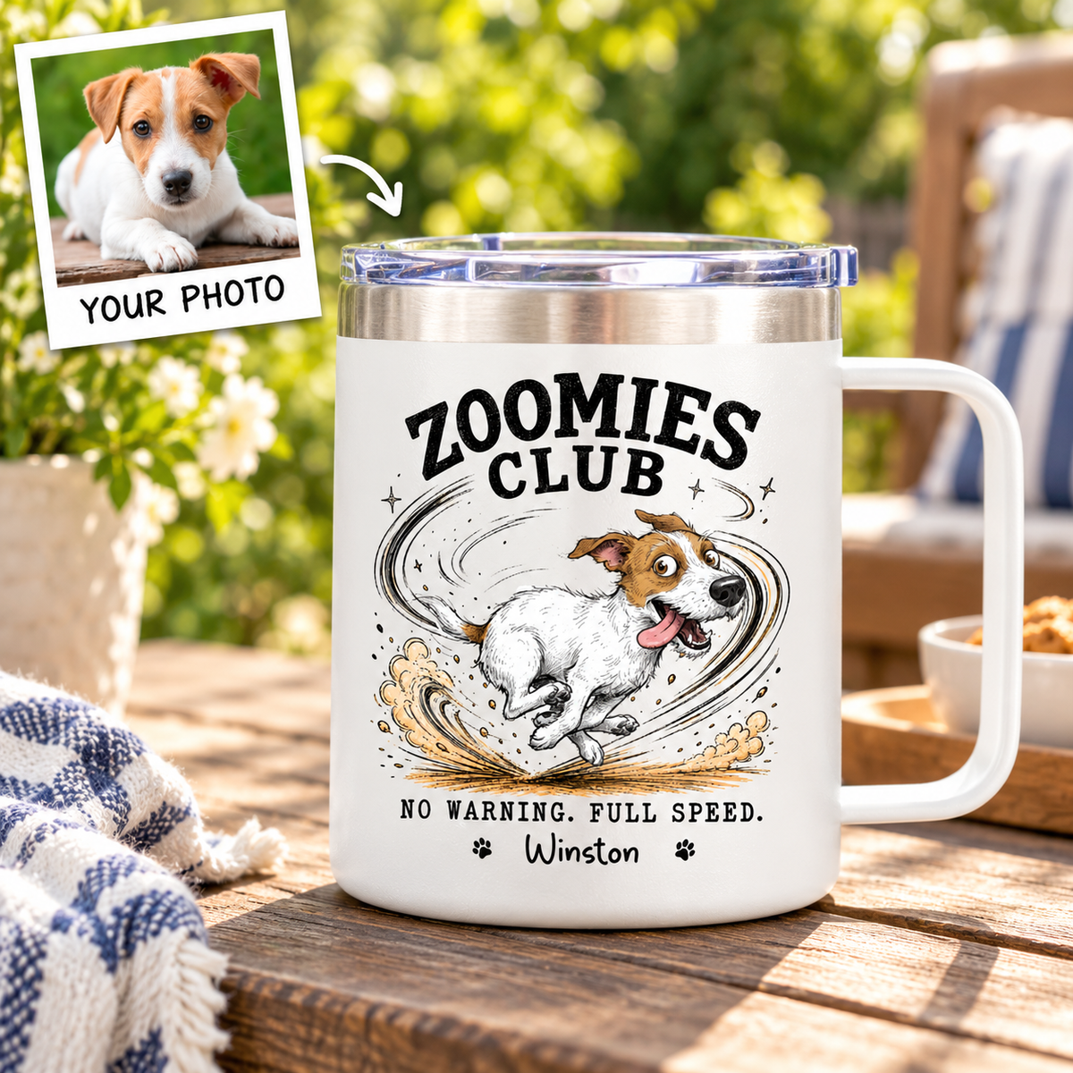Zoomies Club Official Member Quirky Dog Portrait From Your Custom Pet Photo - Personalized Stainless Steel Tumbler With Handle - Funny Gift For Dog Cat Lover