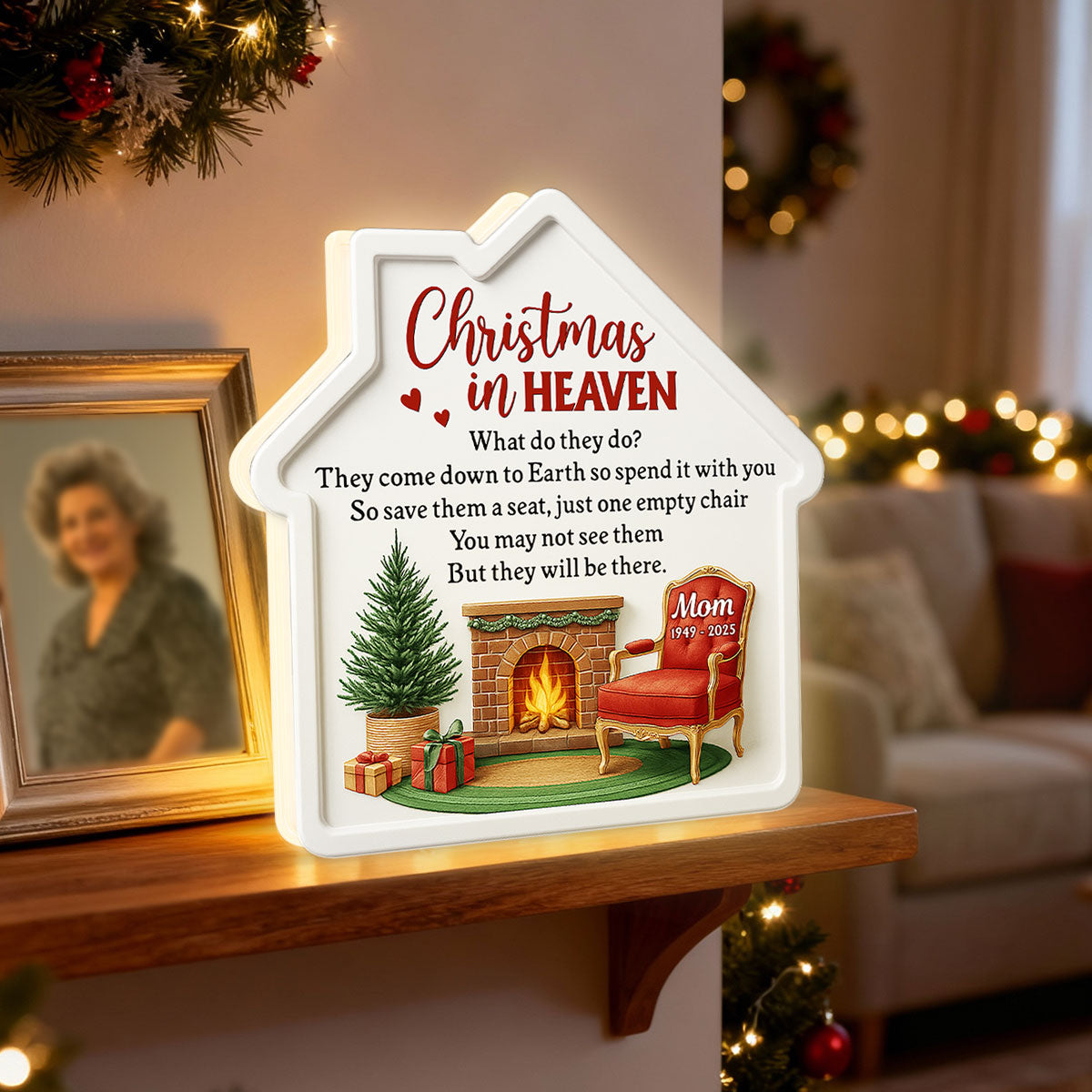 3D Effect Christmas In Heaven Family Memorial House Shaped - Personalized Light Box