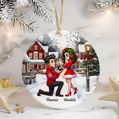 Snowy Scene Couple Marriage Proposal Personalized Ceramic Ornament, Custom Just Engaged Christmas Gifts for Couples