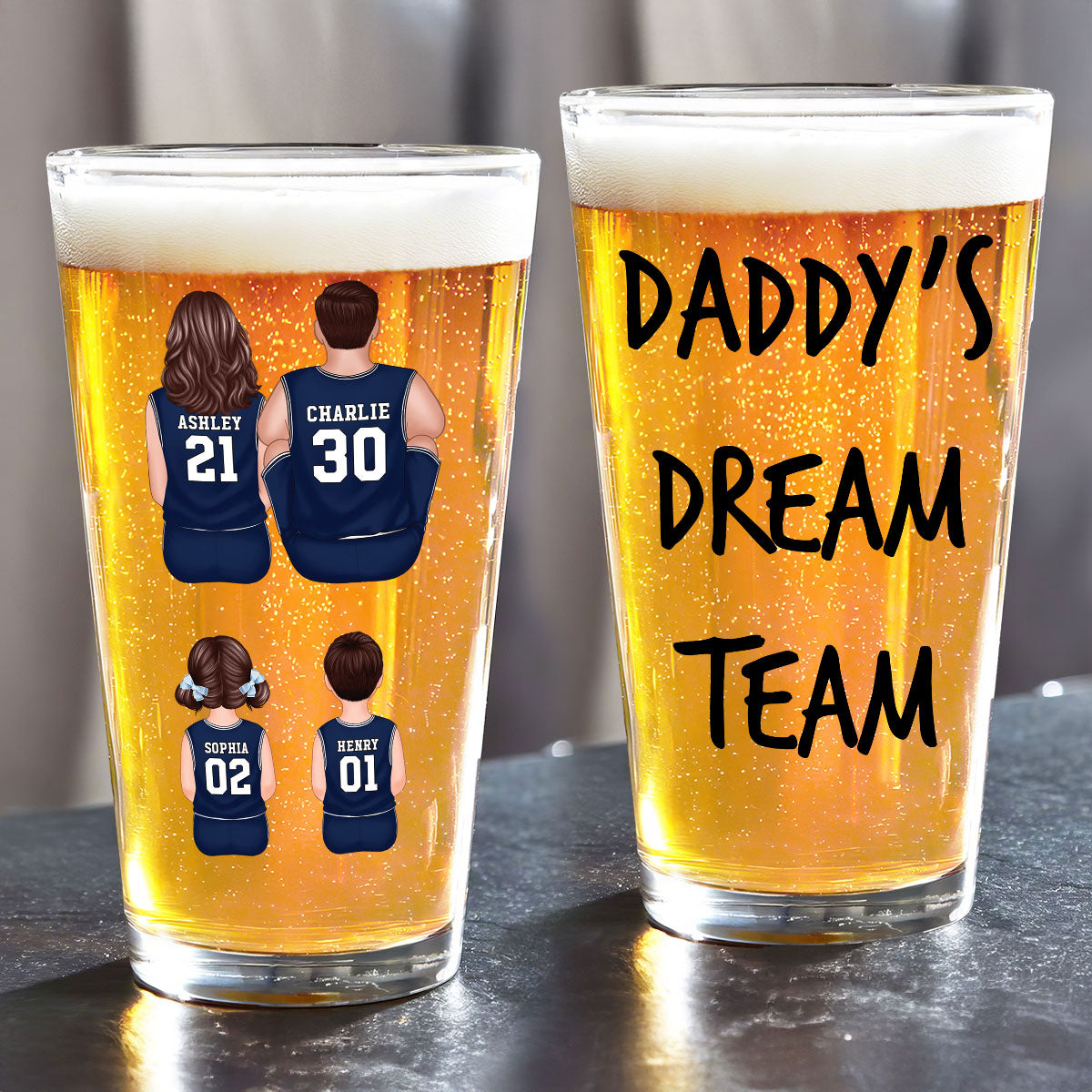Daddy's Dream Team Basketball Personalized Beer Glass, Father's Day Gift for Dads