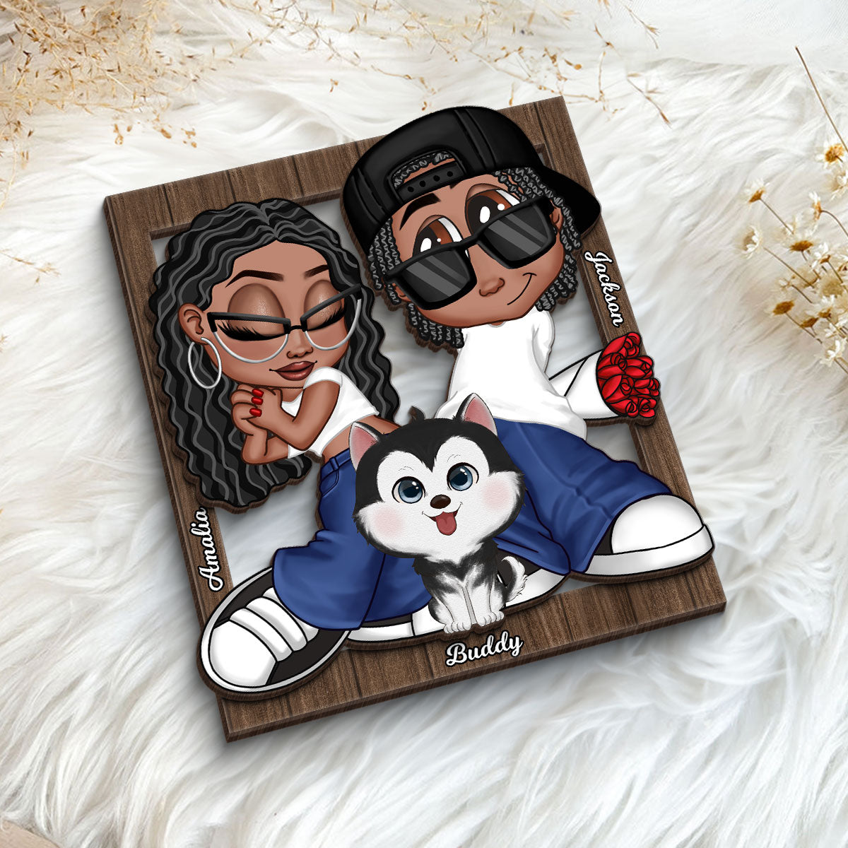 Y2K Couple Dogs Cats Frame Personalized 2-layer Wooden Plaque,  Gift for Him, Gift for Her