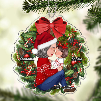 Grandma Mom Hugging Kid Sitting On Christmas Wreath Personalized Acrylic Ornament