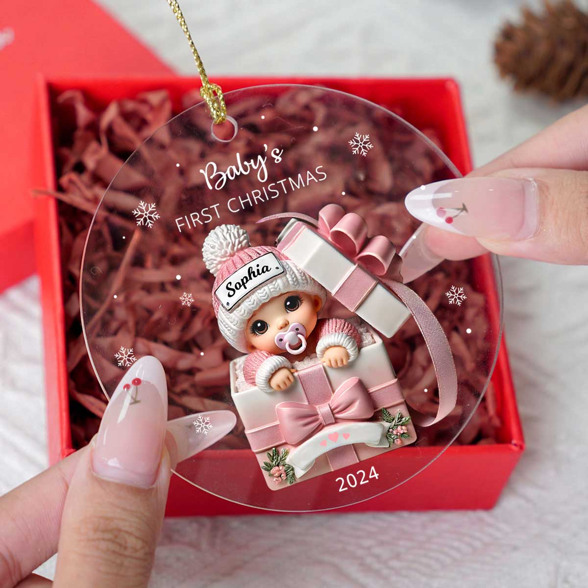 Baby Inside Gift Box Personalized Acrylic Ornament, Baby First Christmas Keepsake