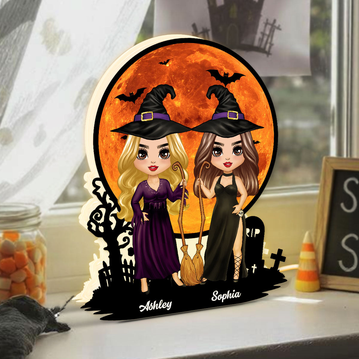 Witch Besties Under Halloween Moon Tabletop Wicca Pagan Decor Personalized Light Box, Halloween Decor