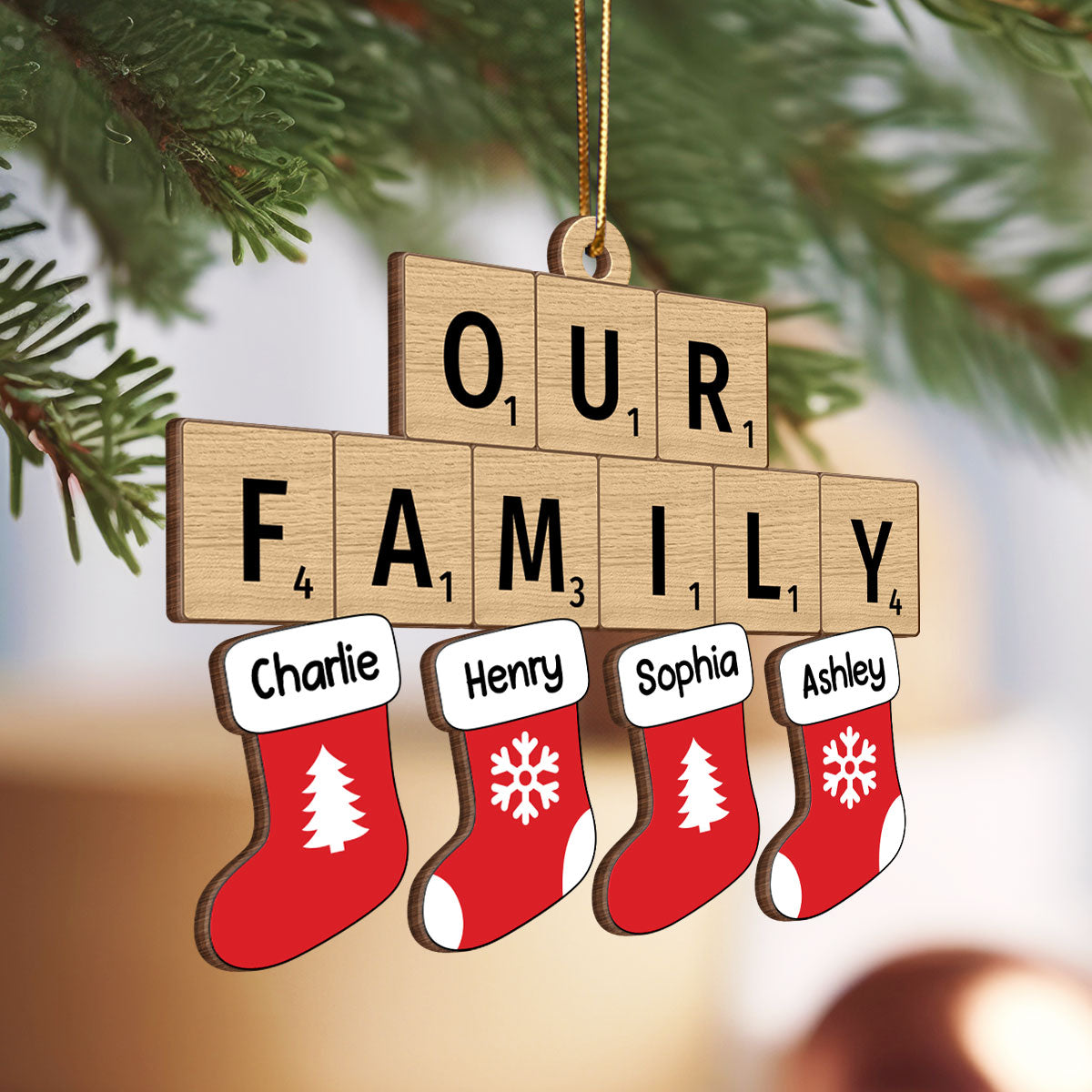 Our Family Christmas Socks Puzzle Style Personalized Wooden Ornament, Christmas Decoration
