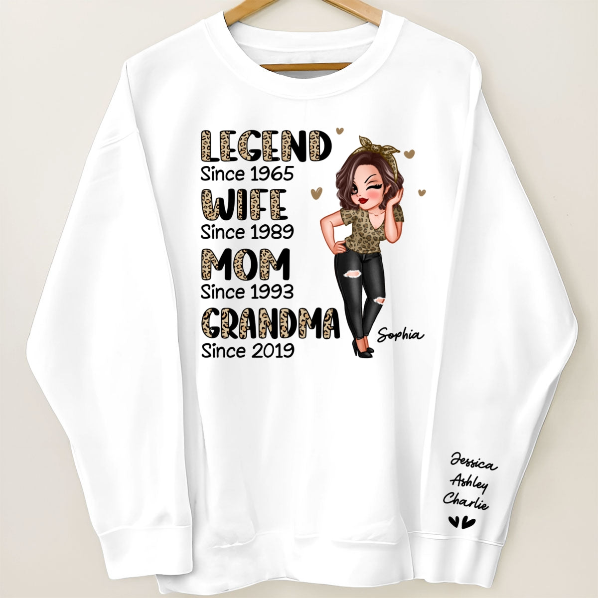 Half Leopard Sassy Legend Wife Mom Grandma Personalized Sleeve Printed Sweatshirt